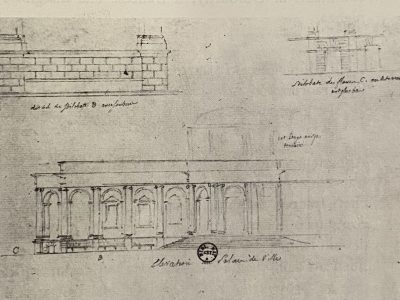Schizzo del municipio di Noto. Léon Dufourny, Notes rapportés d’un voyage en Sicilie fait par lui en 1789 in La genesi di Noto. Una città siciliana del Settecento, S. Tobriner, ed Dedalo, 1993