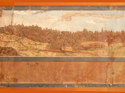 Enrico Sgroi, Panorama e pianta in prospetto dell'antica città di Noto, china ed acquarello su carta, 1887, Noto, Museo Civico